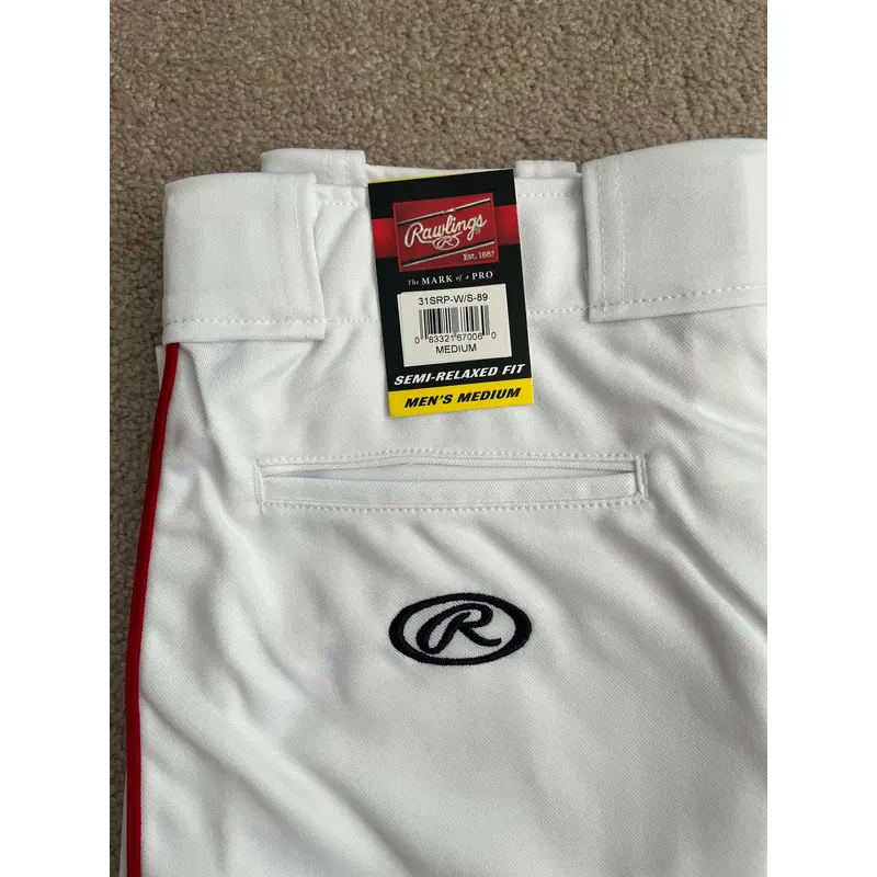 Rawlings White Mens Baseball Pants, Red Piping, NWT, Adult M
