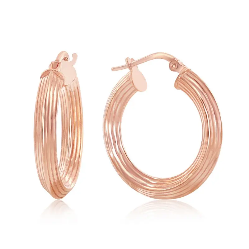 Sterling Silver 23mm Desgined Hoop Earrings - Rose Gold Plated