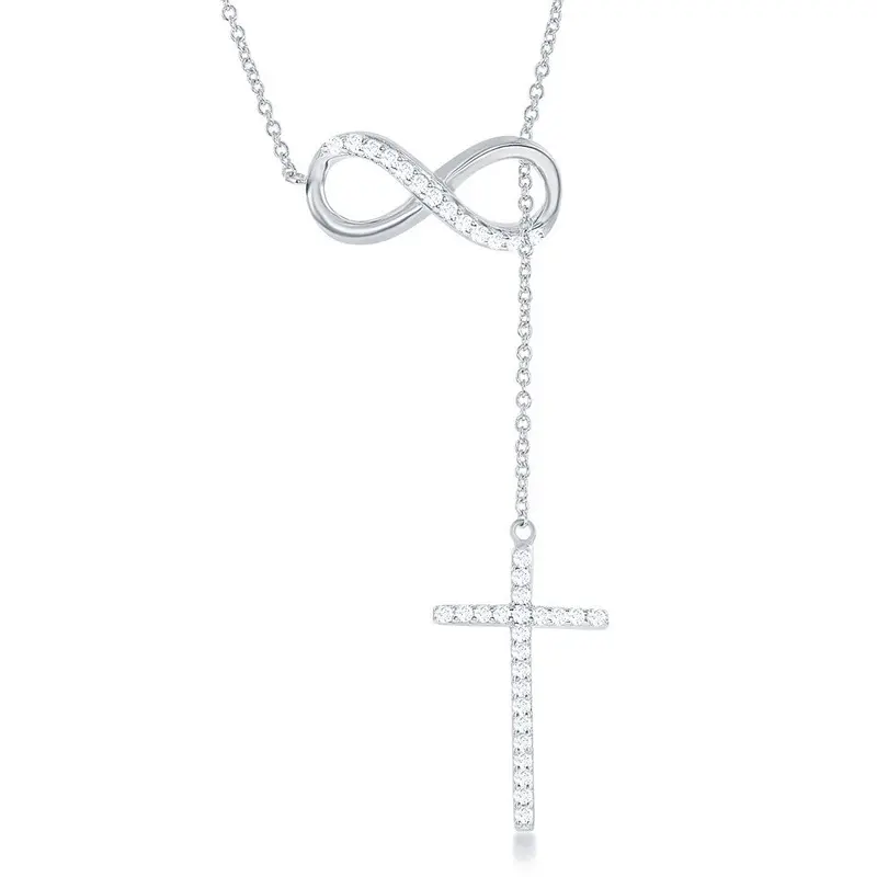 Sterling Silver, Half CZ Infinity with Hanging CZ Cross Lariat Necklace