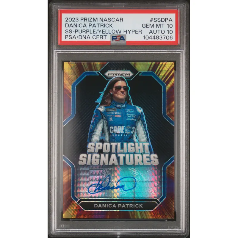 Danica Patrick 2023 Panini Prizm Purple/Yellow Hyper Auto #9/25 PSA 10 Auto 10