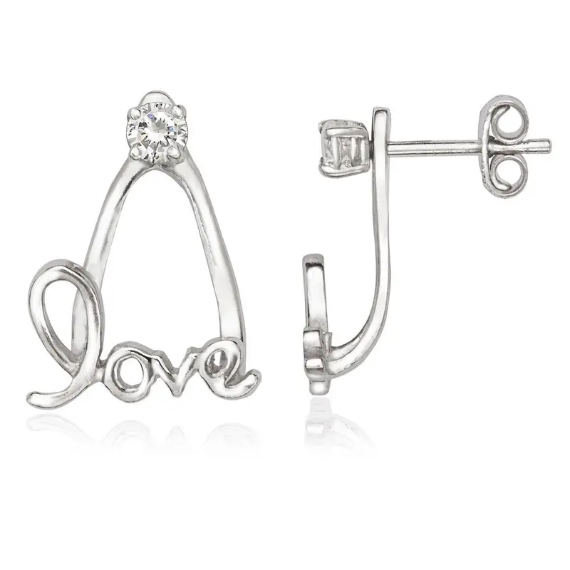 Sterling Silver Front 3mm CZ with Back "LOVE" Earrings