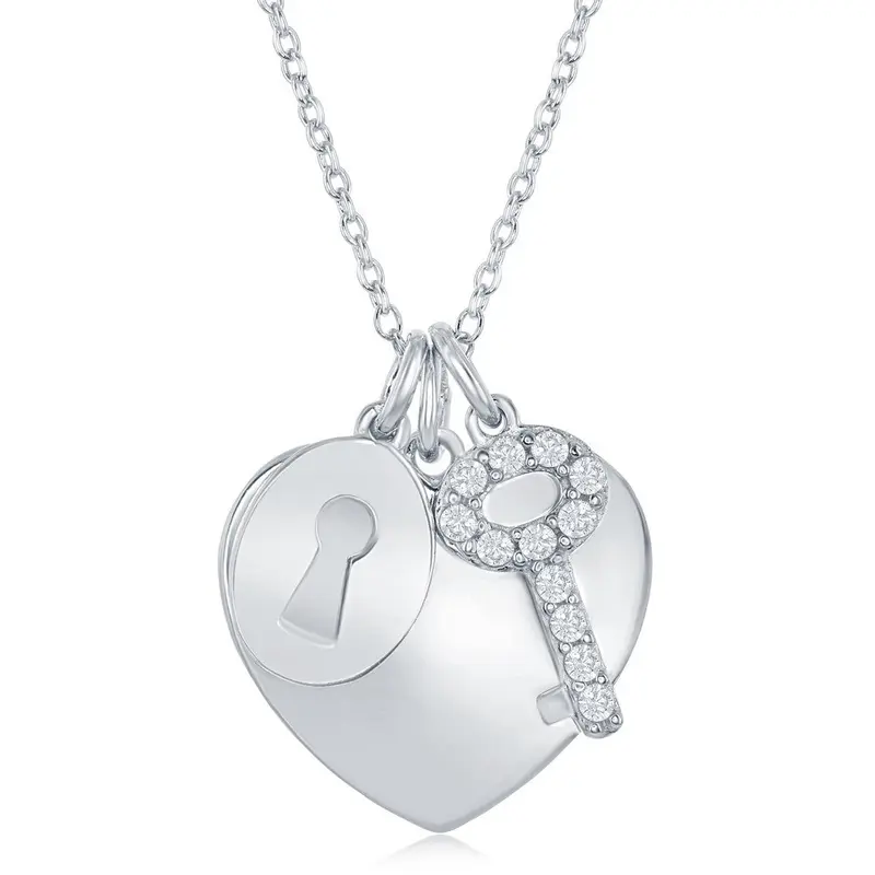 Sterling Silver Shiny Heart with CZ Lock & Key Necklace