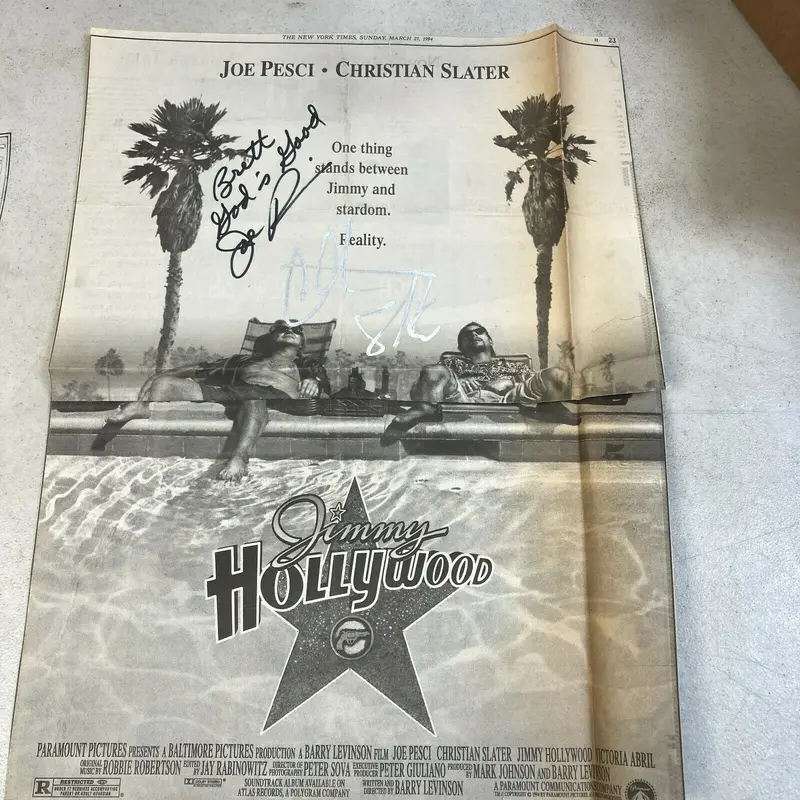 Joe Pesci & Christian Slater Signed Jimmy Hollywood Newspaper Poster