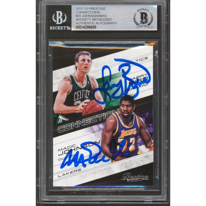 Magic Johnson & Larry Bird Signed 2012 Prestige Connections #25 Card BAS Slabbed