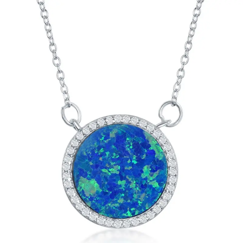 Sterling Silver Blue Inlay Opal Circle with Cz Border Necklace