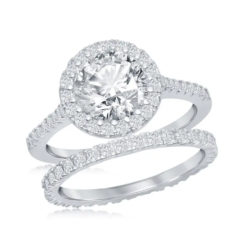 Sterling Silver 11mm Round Halo CZ Engagement Ring Set