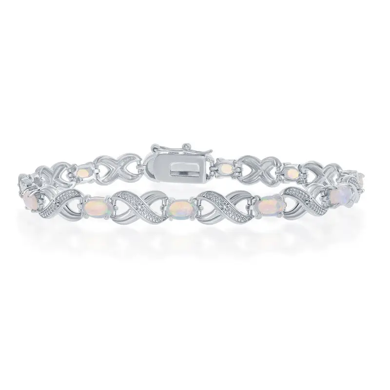 Sterling Silver, XO Bracelet With White Oval Opal Stones