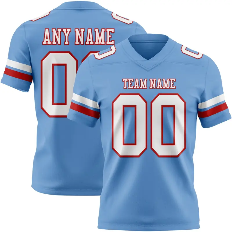 Custom Light Blue White-Red Mesh Authentic Football Jersey