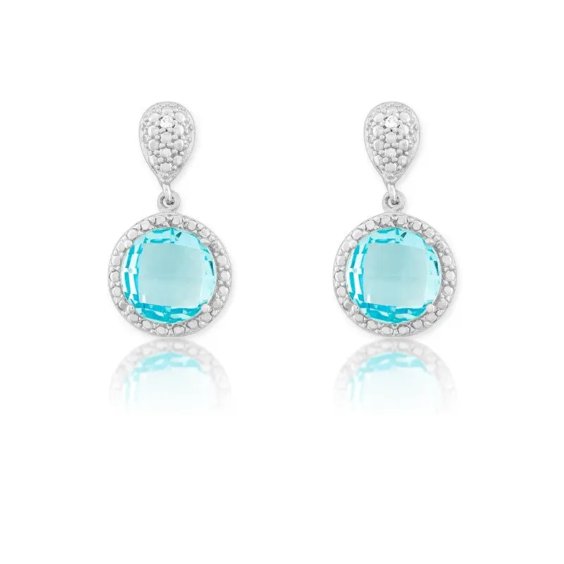 Sterling Silver Diamond and Round 9mm Earrings - Blue Topaz