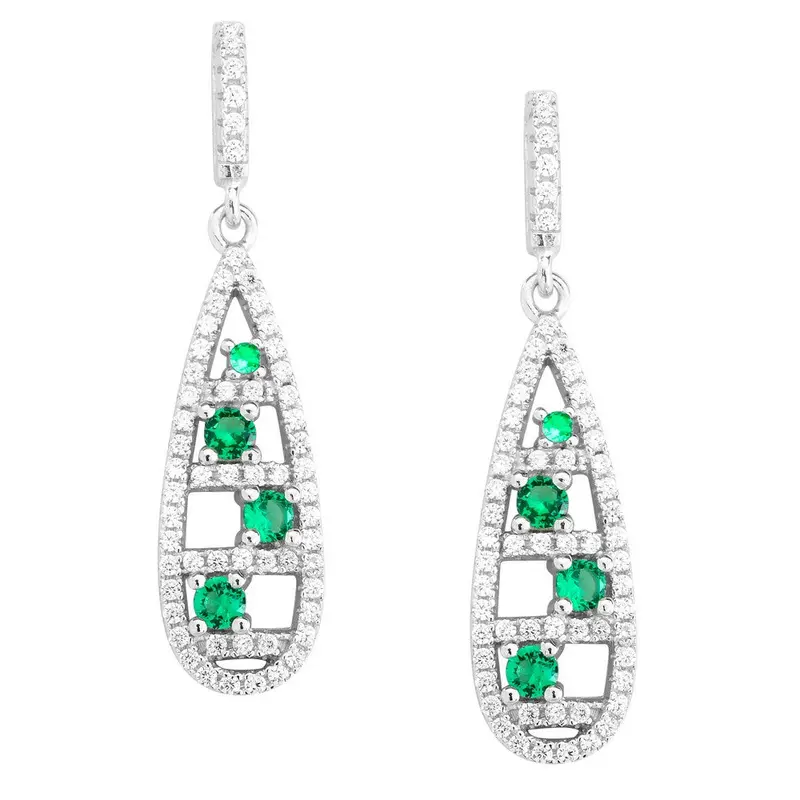 Sterling Silver Teardrop CZ Ladder Style with Dark Green CZ Earrings