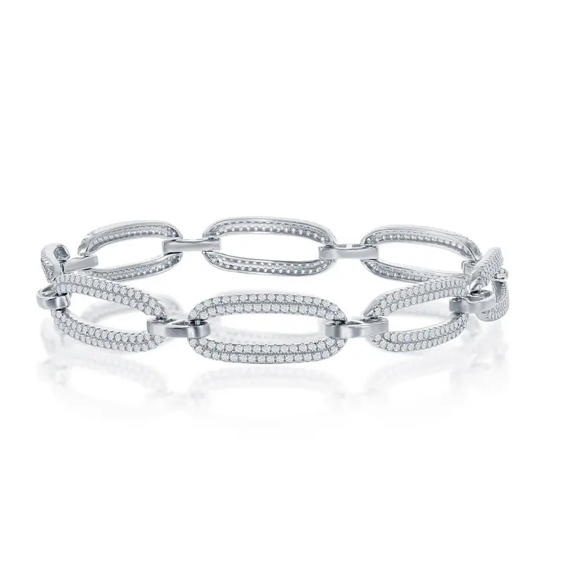 Sterling Silver, Micro Pave CZ Linked Oval Bracelet