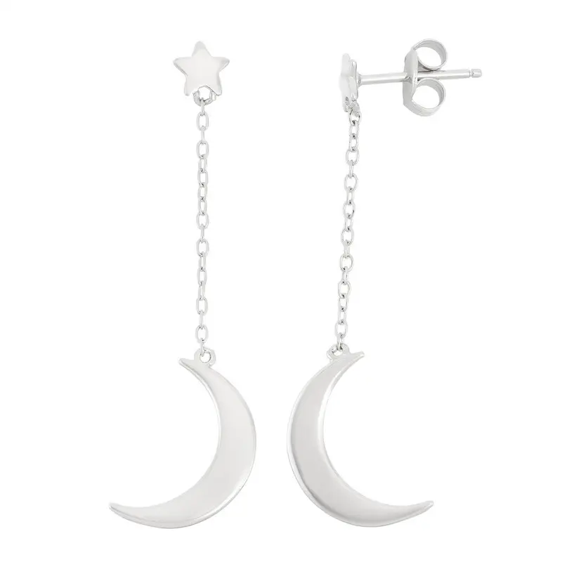 Sterling Silver Star with Chain and Crescent Moon Earrings