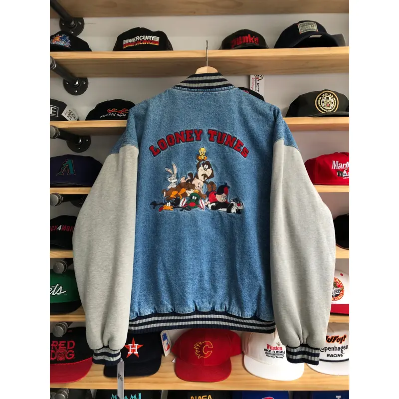Vintage 1997 Warner Bros Looney Tunes Denim Bomber Jacket Size Large