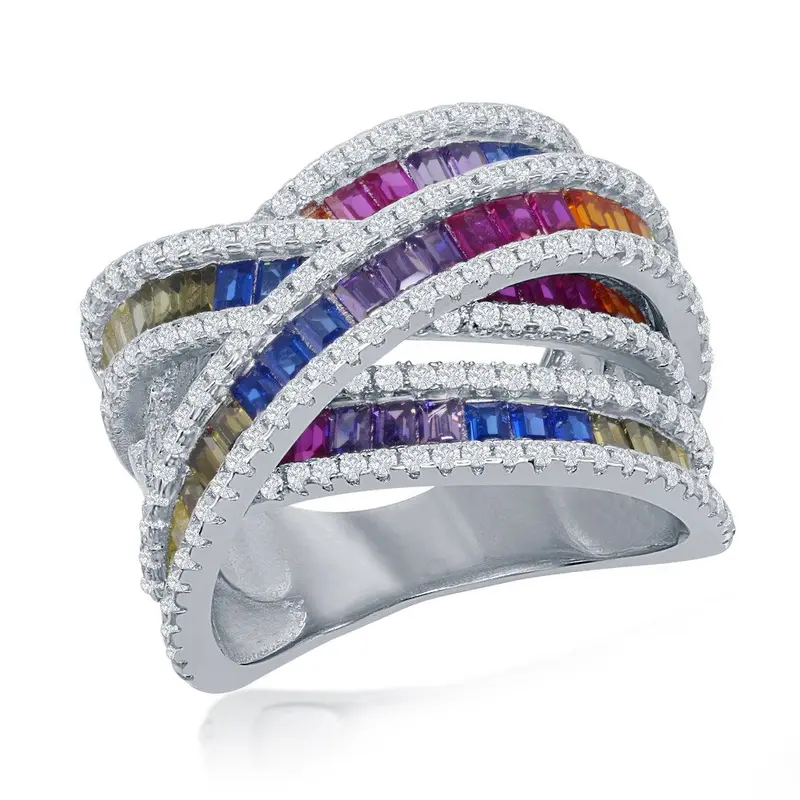 Sterling Silver Rainbow Baguette CZ Double 'X' Ring
