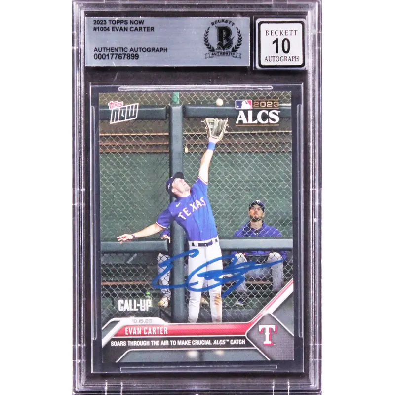 Rangers Evan Carter Signed 2023 Topps Now #1004 Rookie Card Auto 10! BAS Slabbed