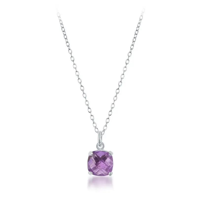 Sterling Silver 8mm Cushion-cut Gem Necklace - Amethyst