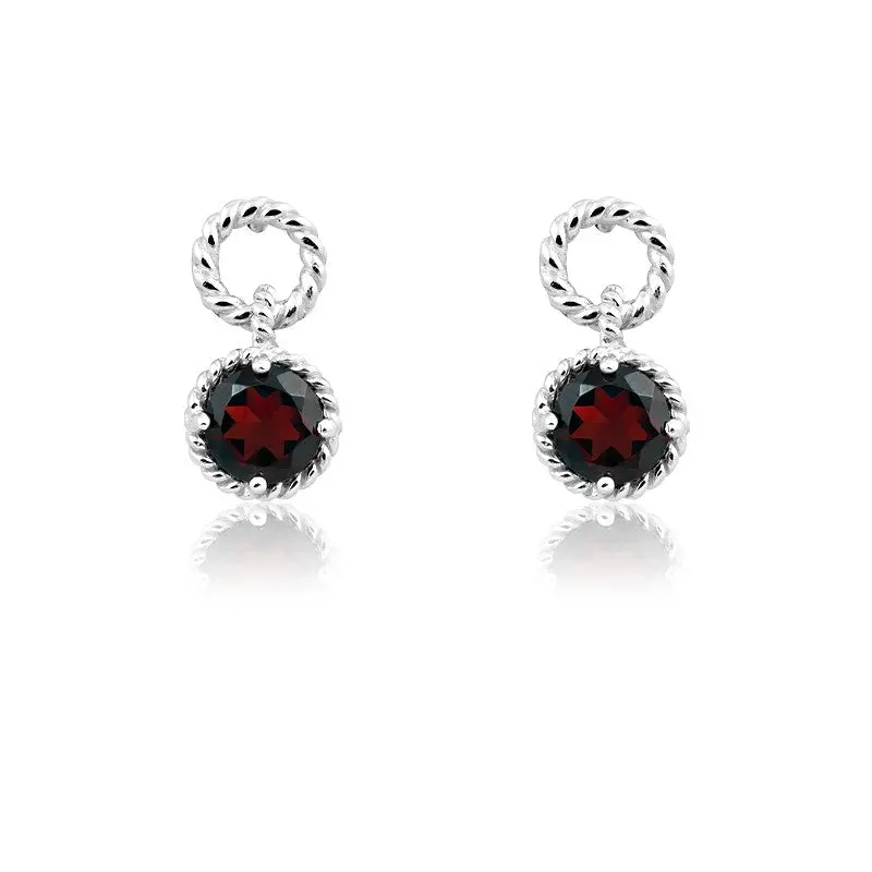 Sterling Silver Round Gem Twisted Wire Earrings - Garnet