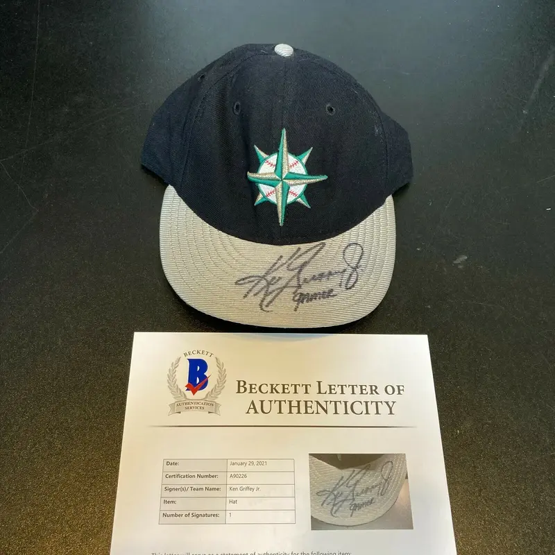 Ken Griffey Jr. Signed Game Used Seattle Mariners Hat Inscribed Gamer Beckett