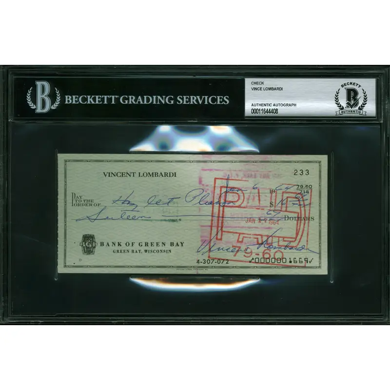 Packers Vince Lombardi Signed 2.75x6.25 Personal Check BAS Slabbed #11644408