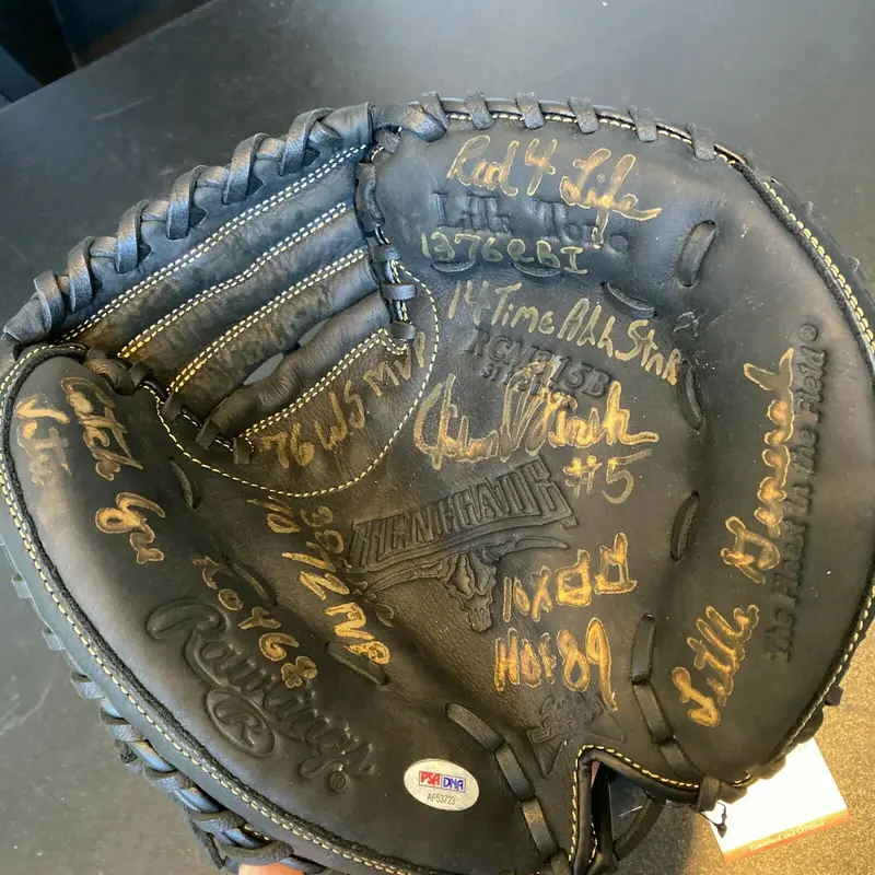 Johnny Bench Signed Heavily Inscribed STATS Catchers Mitt Glove PSA DNA COA