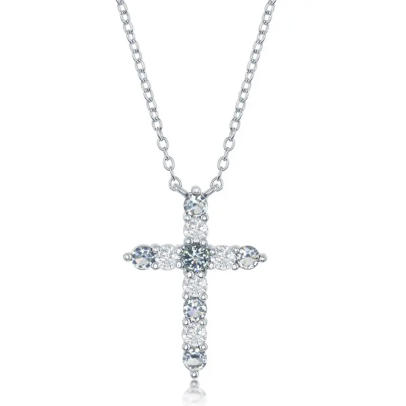 Sterling Silver Aquamarine CZ 'March Birthstone' Cross Necklace