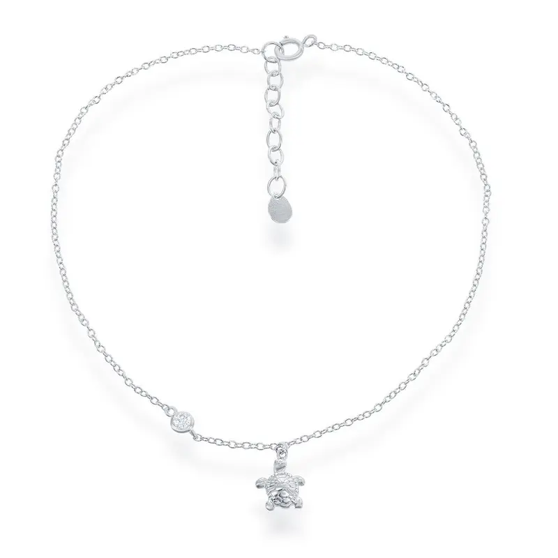 Sterling Silver Turtle Charm with Single CZ Anklet