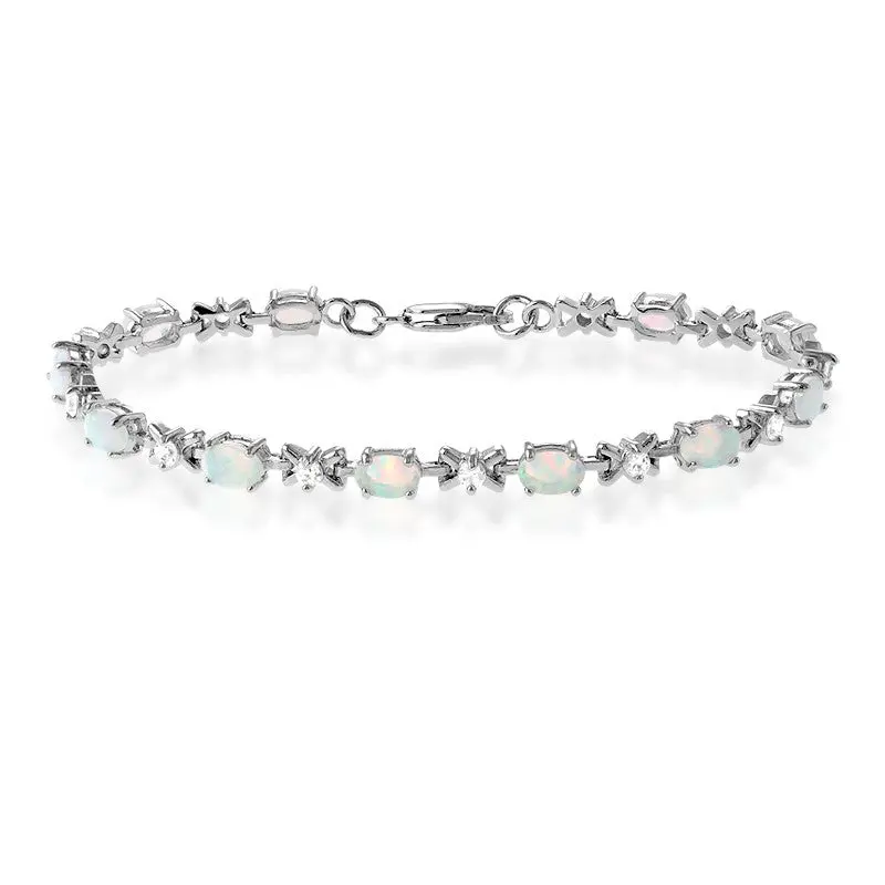 Sterling Silver "X" With CZ & Oval White Opal Stones Bracelet