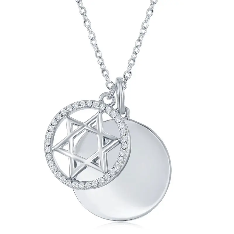 Sterling Silver, Shiny Disc with CZ Star of David Necklace
