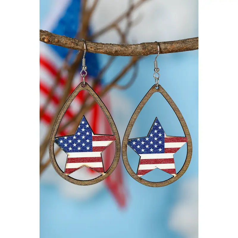 Fiery Red American Flag Heart Shape Hollowed Wood Drop Earrings