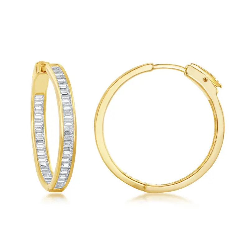 Sterling Silver 4x30mm Inside-Outside Baguette CZ Earrings - Gold Plated