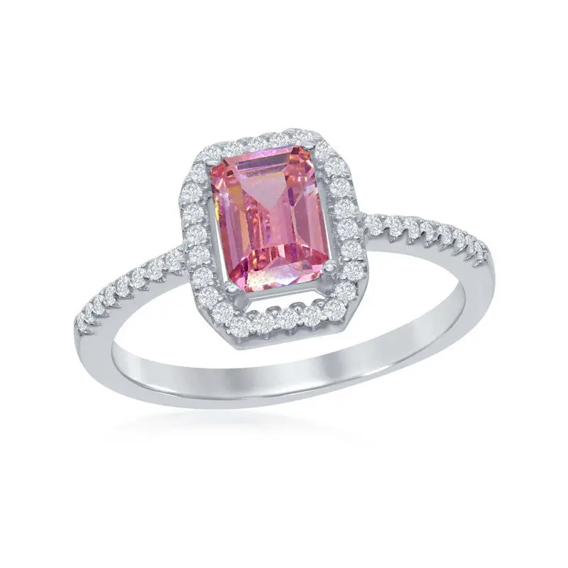 Sterling Silver Emerald-Cut Pink CZ with CZ Border Ring