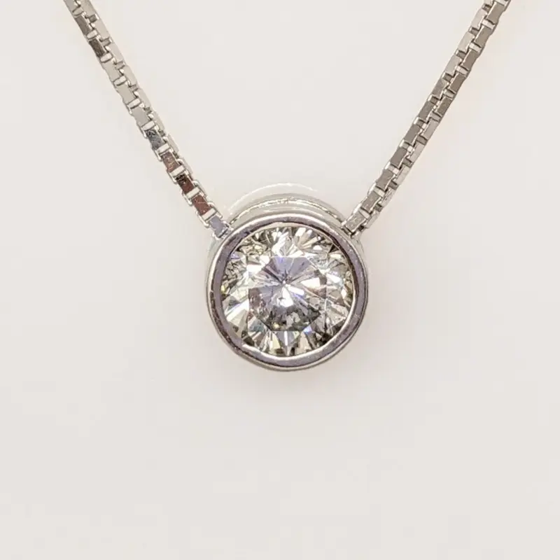 14K WHITE .80 CARAT TOTAL SI2 I DIAMOND ROUND ESTATE BEZEL PENDANT & CHAIN 4.0 GRAMS