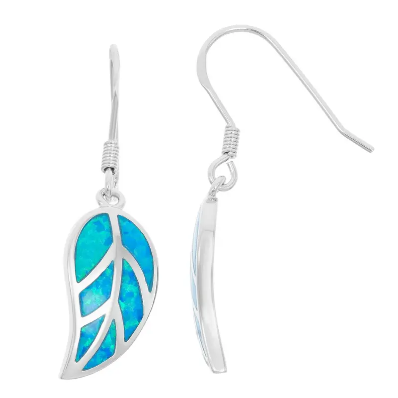 Sterling Silver Blue Inlay Opal Leaf Earrings