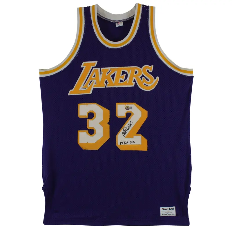 Lakers Magic Johnson "HOF 02" Signed Purple MacGregor Sand-Knit Jersey BAS Wit