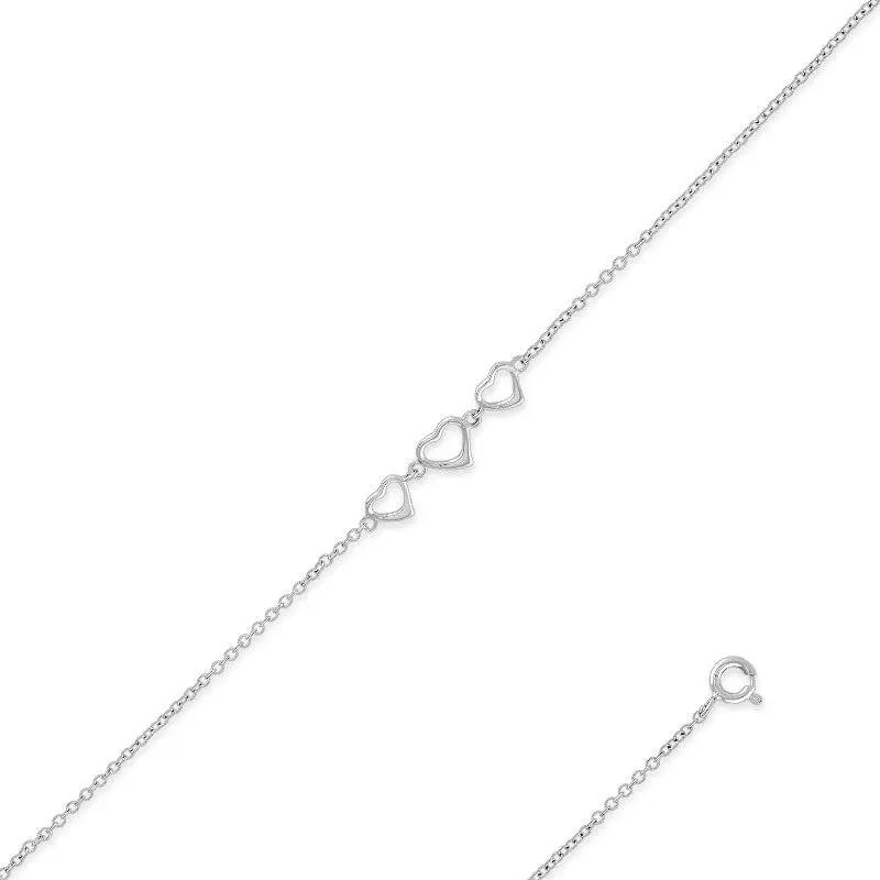 Sterling Silver, 3 Center Hearts Anklet