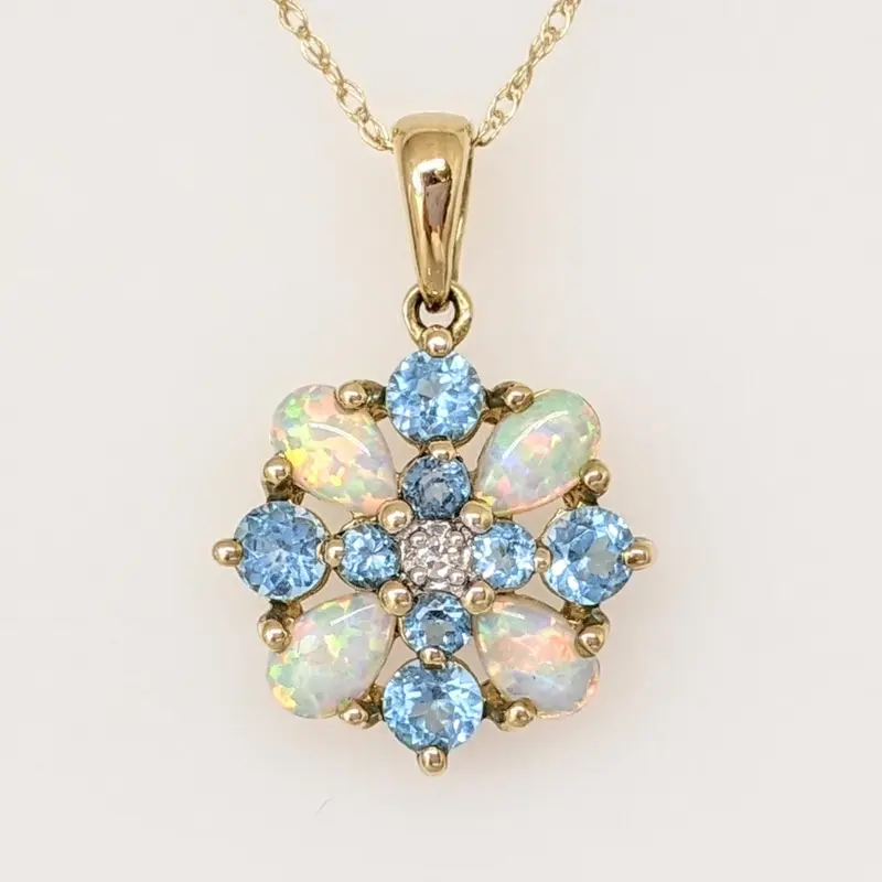 10K OPAL PEAR (4) BLUE TOPAZ ROUND (8) WITH MELEE ESTATE PENDANT & CHAIN 1.7 GRAMS
