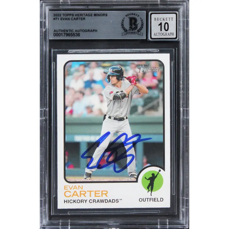 Rangers Evan Carter Signed 2022 Topps Heritage Min #71 Card Auto 10! BAS Slabbed