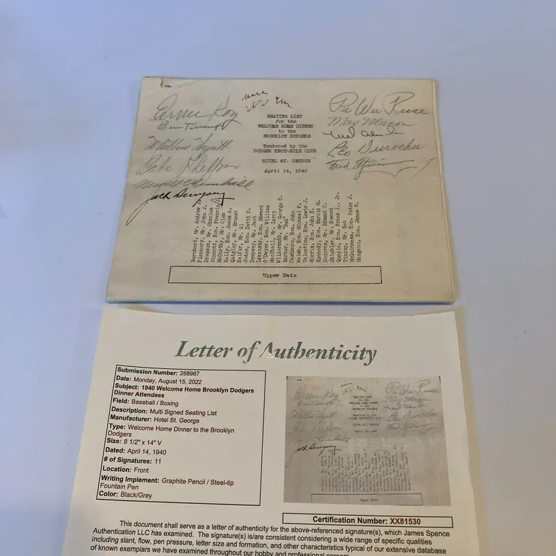 1940 Brooklyn Dodgers Welcome Home Dinner Signed Program JSA COA