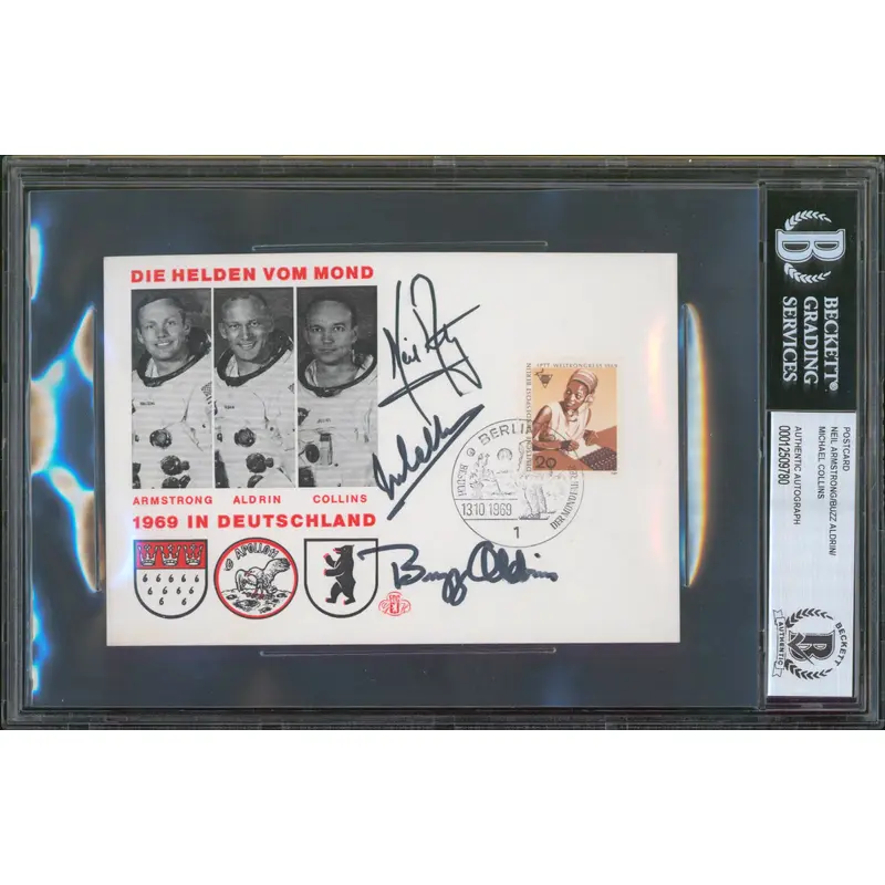 Apollo 11 (3) Armstrong, Collins & Aldrin Signed 4.15x5.85 1969 FDC BAS Slabbed