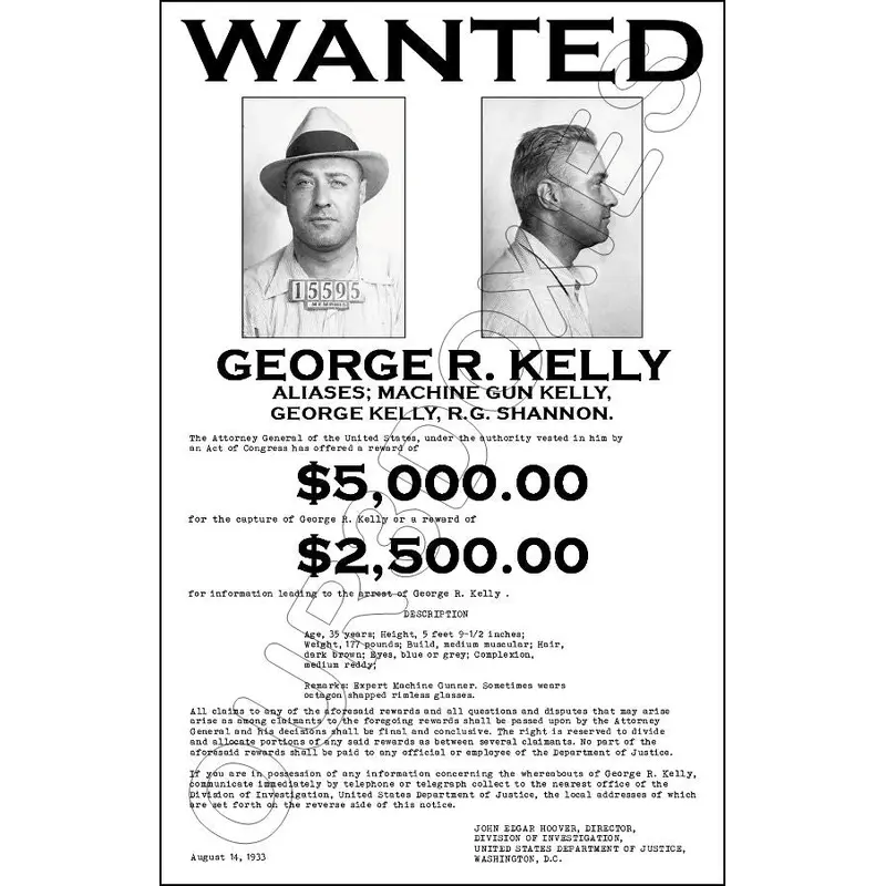 1933 Machine Gun Kelly Wanted Poster 11X17 - 2829