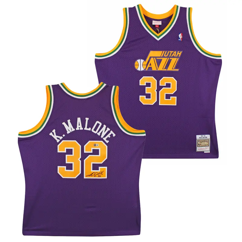 Jazz Karl Malone Signed 1991-92 Purple Mitchell & Ness Swingman Jersey BAS Wit