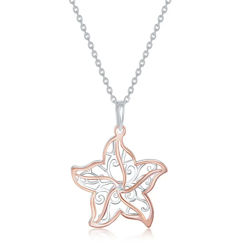 Sterling Silver Two-Tone Facny Cut-Out Starfish Necklace