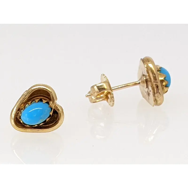 14K TURQUOISE OVAL 3X5 (2) HEART ESTATE STUD EARRINGS 2.1 GRAMS