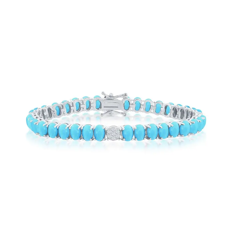 Sterling Silver CZ & Oval Howlite Turquoise Tennis Bracelet