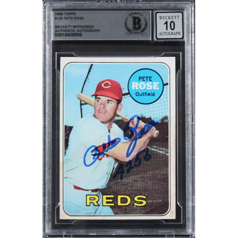 Reds Pete Rose "4256" Signed 1969 Topps #120 Card Auto Graded 10! BAS Slabbed 1