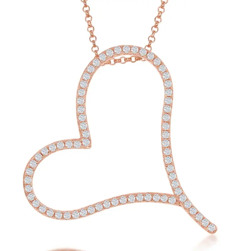Sterling Silver Large Micro Pave Heart Necklace - Rose Gold Plated