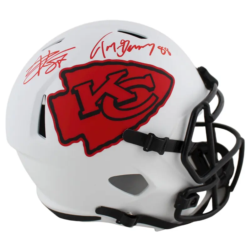 Tony Gonzalez & Travis Kelce Signed Lunar Full Size Speed Rep Helmet BAS Witness