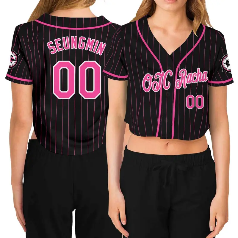 Custom Women's Black Pink-White V-Neck Cropped Baseball Jersey