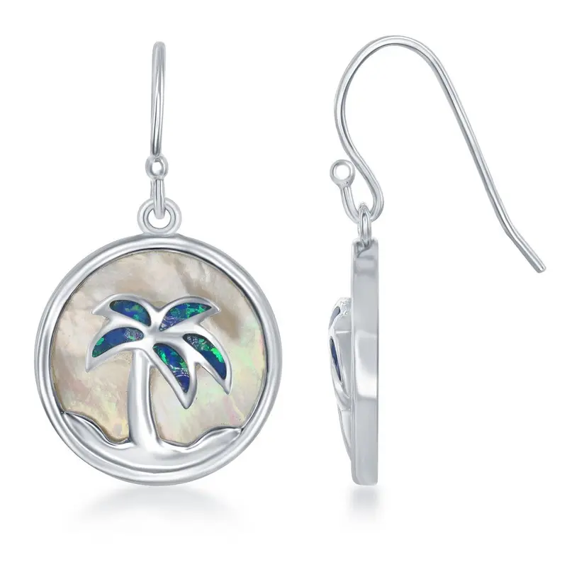 Sterling Silver Round MOP with Blue Inlay Opal Palm Tree Earrings