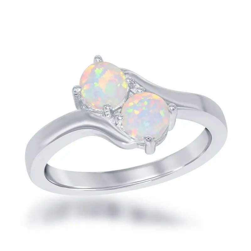 Sterling Silver, Two-Stone Round White Opal Ring